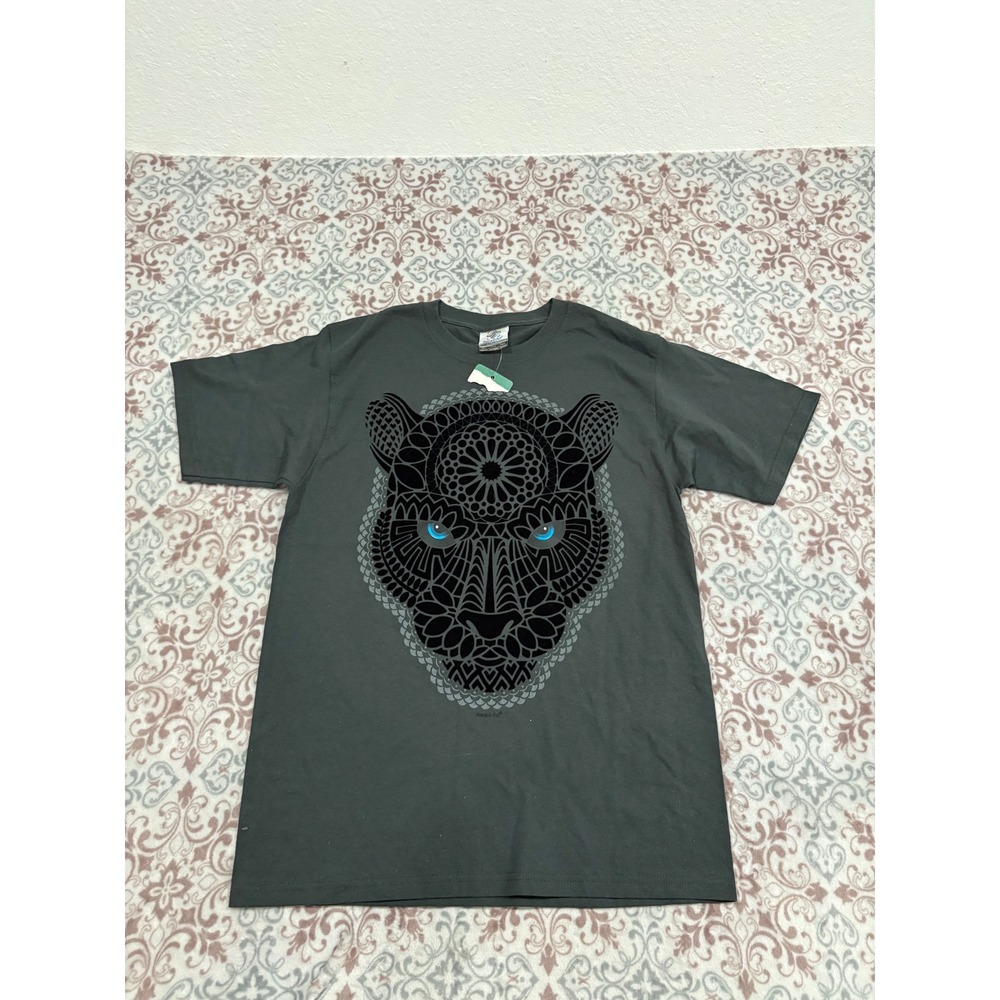 Karani Art Mens Panther Graphic T-Shirt Gray Geometric Mandala Cotton Medium